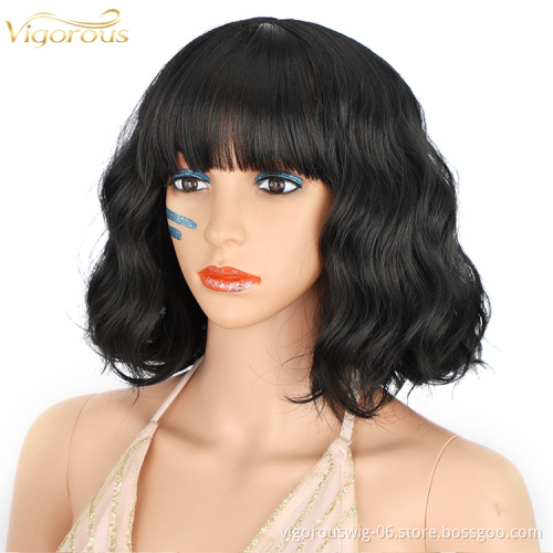 Top Sale Vendor Short Wavy Wig Bangs Synthetic Wigs for Women Natural Color Hair Bob Wigs Heat Resistant Fiber
